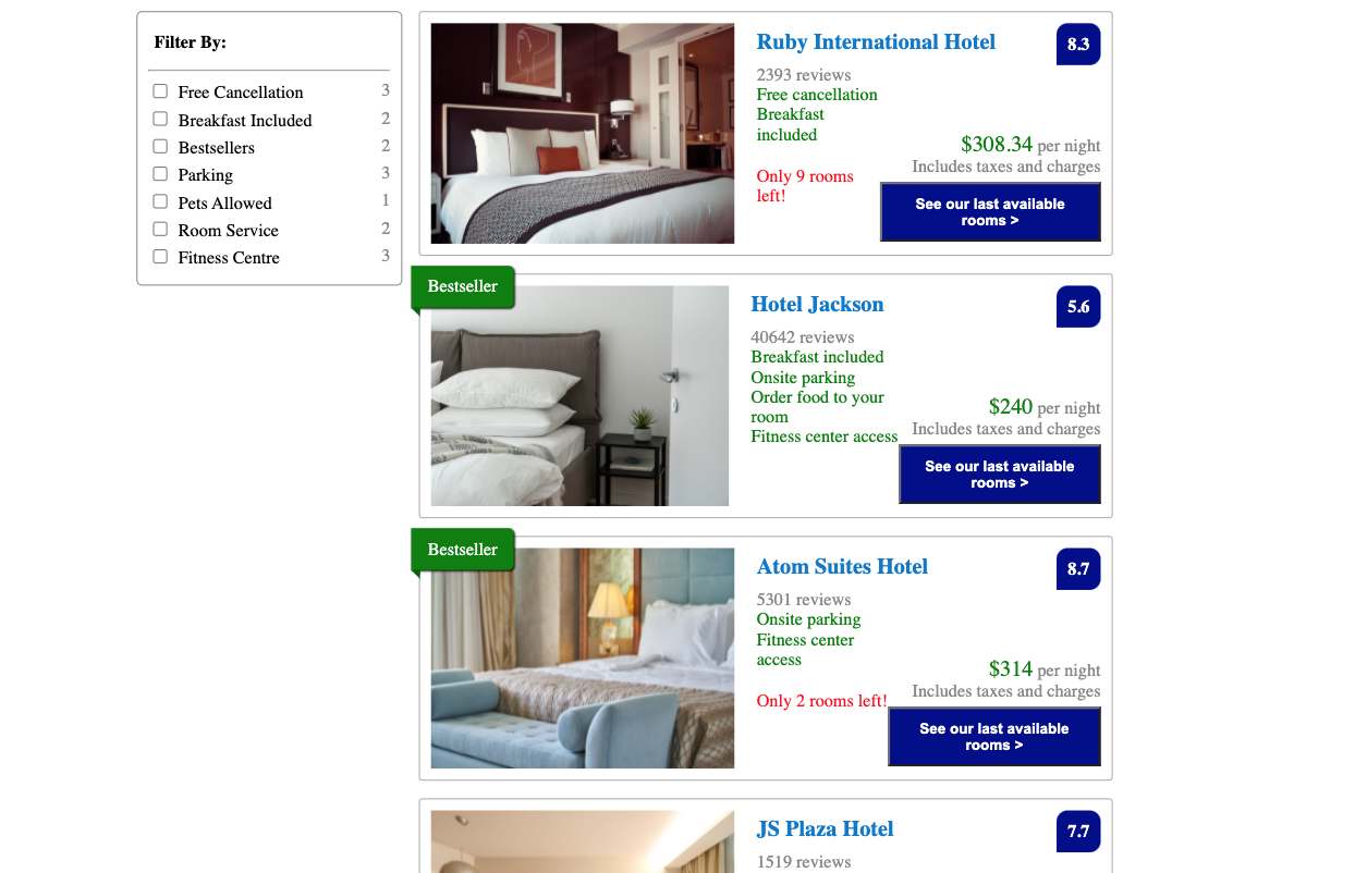 Stateful Hotel Filter Screenshot